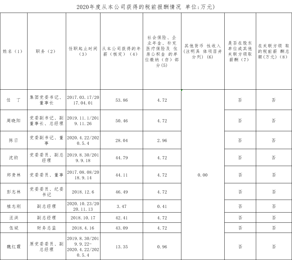 2020年度从本公司获得的税前报酬情况